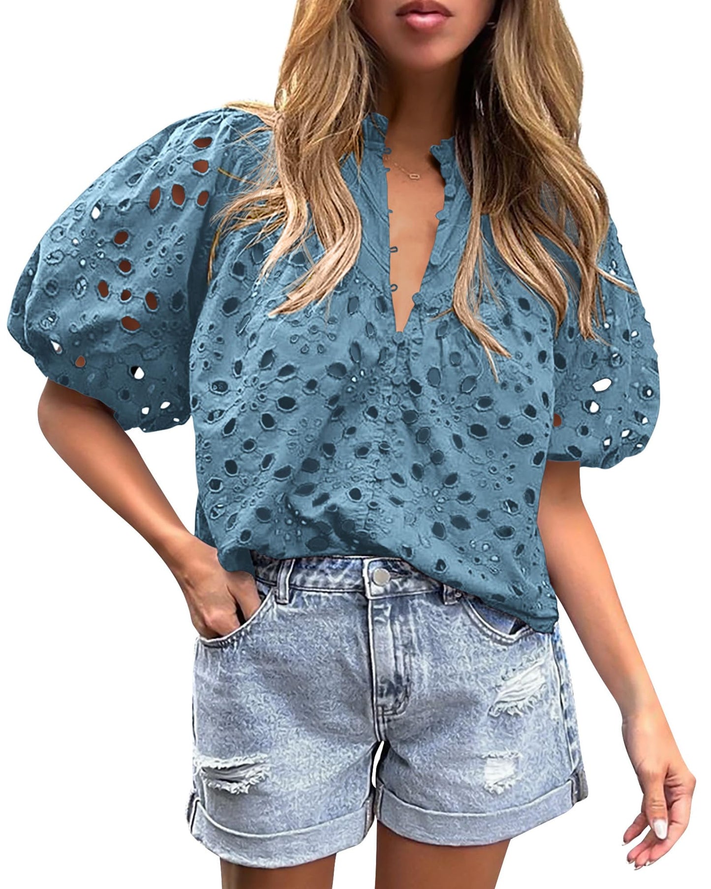 PRETTYGARDEN Casual Lace Top – V-Neck Short Sleeve Embroidered Blouse