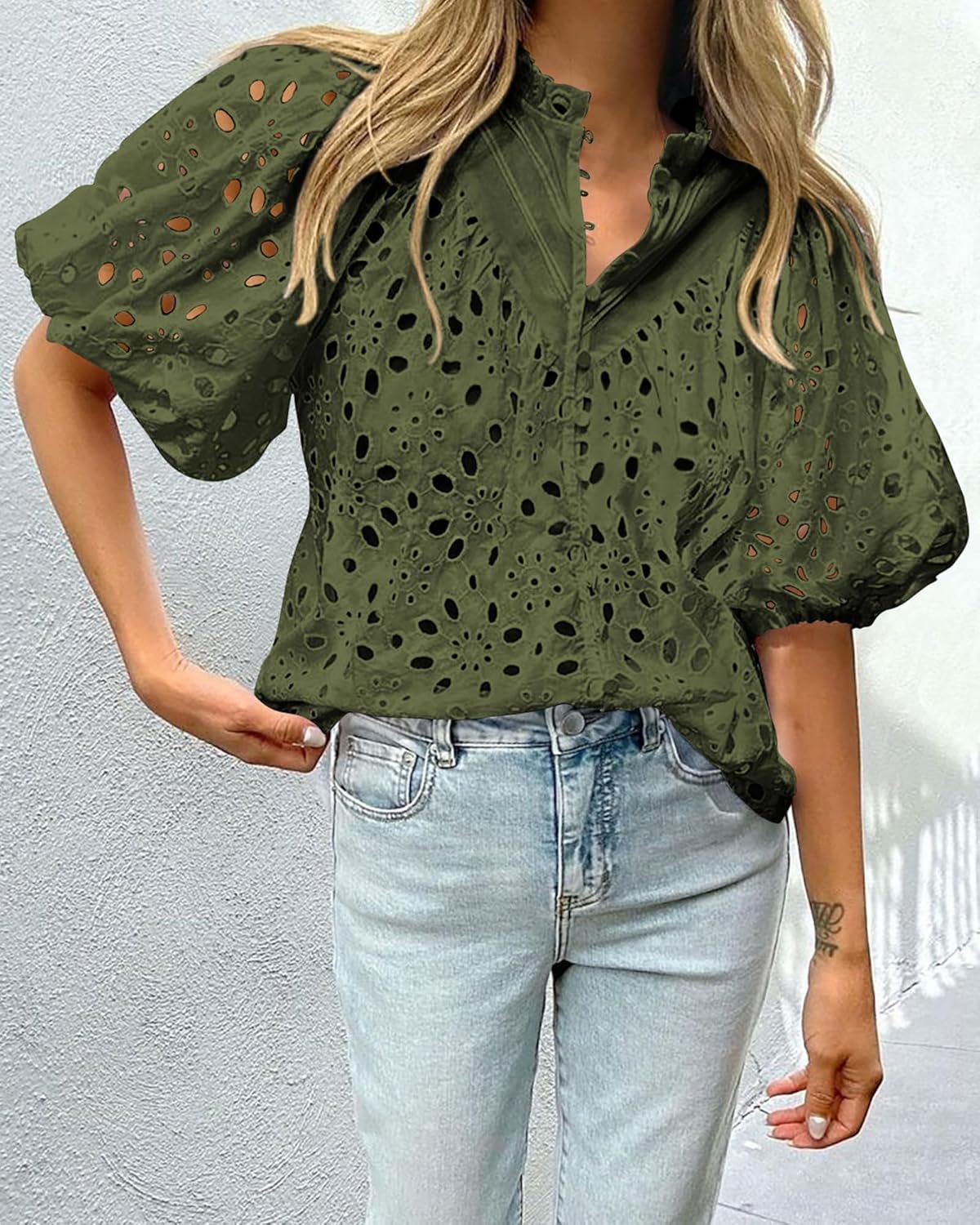 PRETTYGARDEN Casual Lace Top – V-Neck Short Sleeve Embroidered Blouse