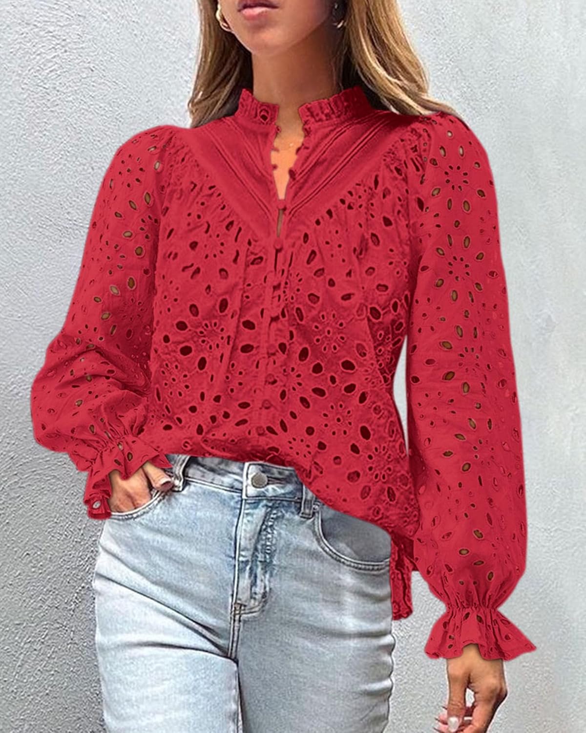 PRETTYGARDEN Casual Lace Blouse – Long Sleeve V-Neck Button-Up Shirt