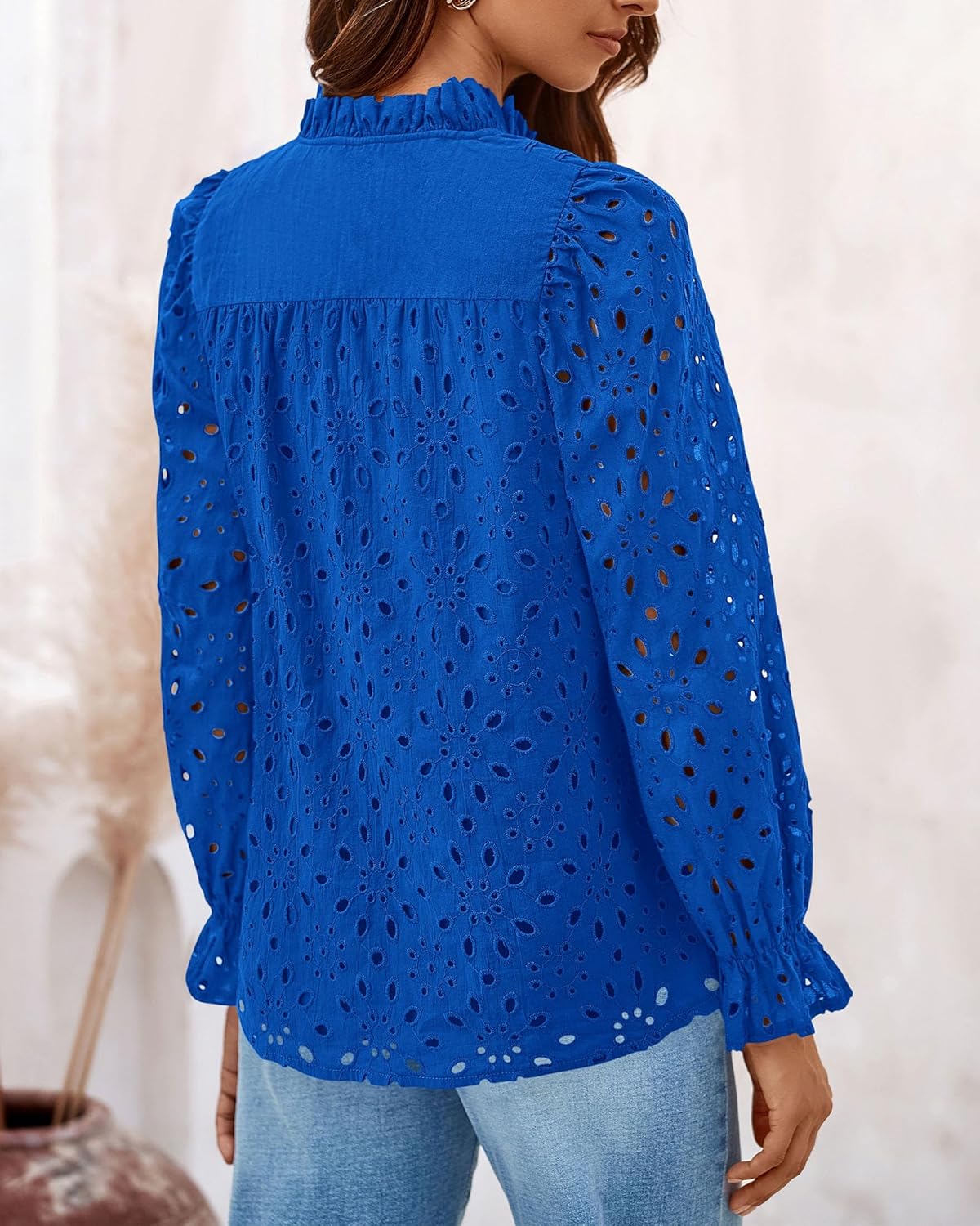 PRETTYGARDEN Casual Lace Blouse – Long Sleeve V-Neck Button-Up Shirt