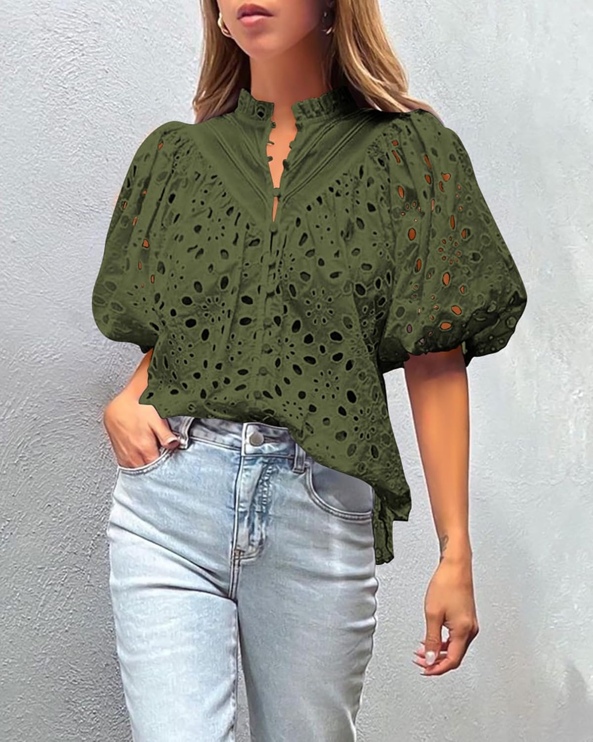 PRETTYGARDEN Casual Lace Top – V-Neck Short Sleeve Embroidered Blouse