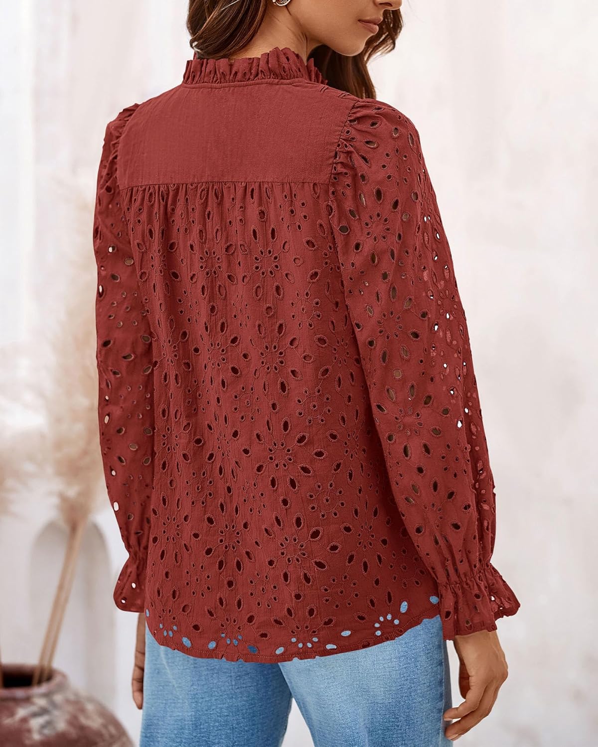 PRETTYGARDEN Casual Lace Blouse – Long Sleeve V-Neck Button-Up Shirt