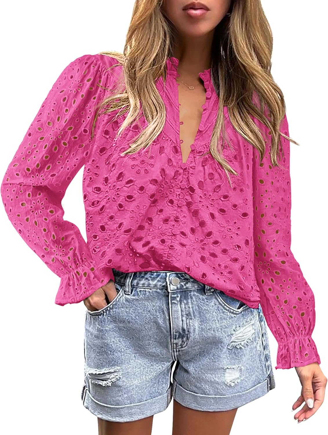PRETTYGARDEN Casual Lace Blouse – Long Sleeve V-Neck Button-Up Shirt