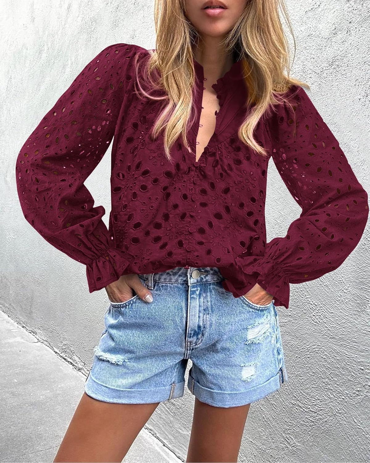 PRETTYGARDEN Casual Lace Blouse – Long Sleeve V-Neck Button-Up Shirt