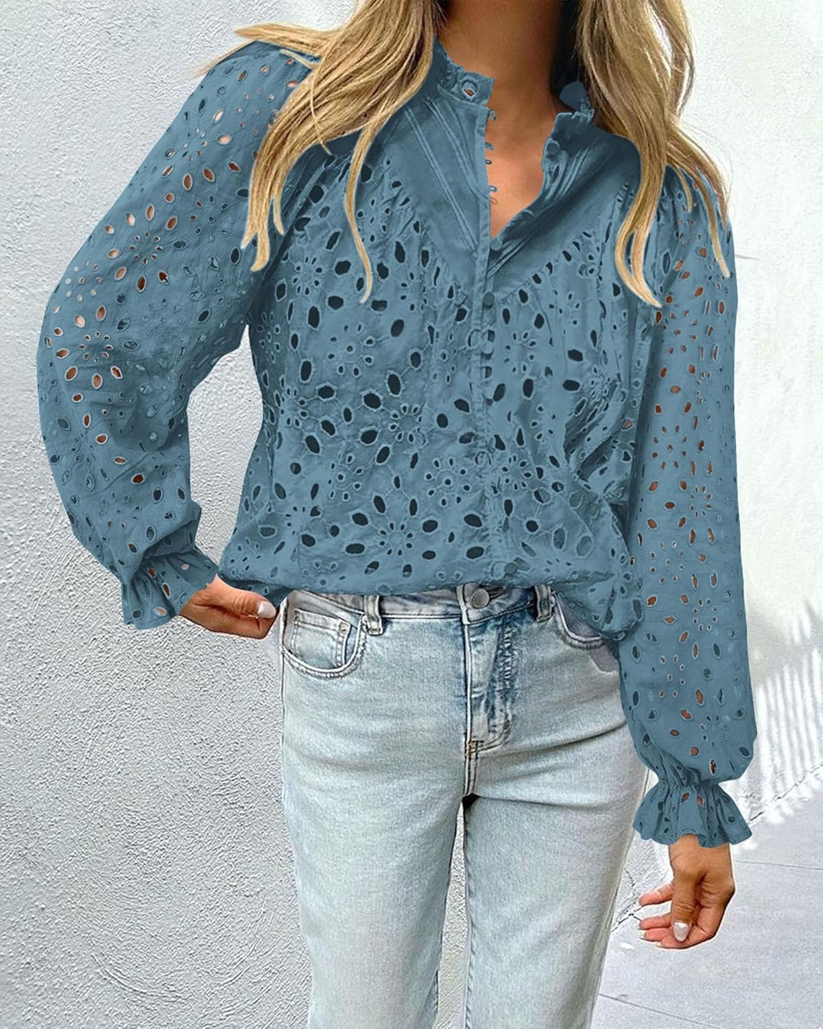 PRETTYGARDEN Casual Lace Blouse – Long Sleeve V-Neck Button-Up Shirt