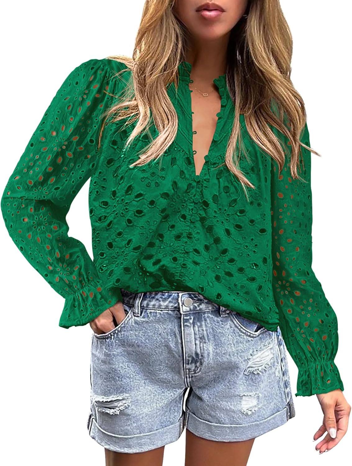 PRETTYGARDEN Casual Lace Blouse – Long Sleeve V-Neck Button-Up Shirt