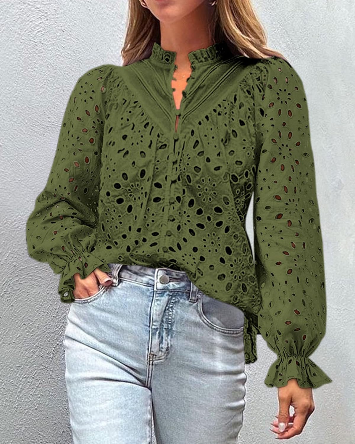 PRETTYGARDEN Casual Lace Blouse – Long Sleeve V-Neck Button-Up Shirt