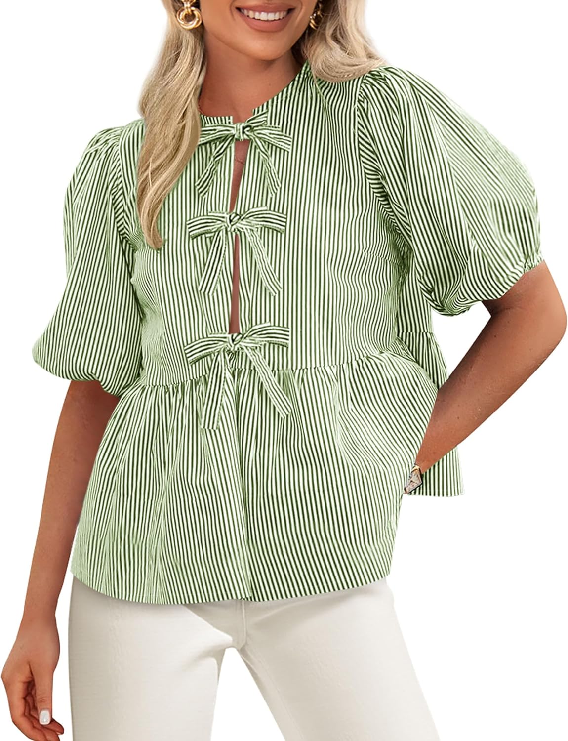 PRETTYGARDEN Tie Front Blouse – Striped Peplum Puff Sleeve Top