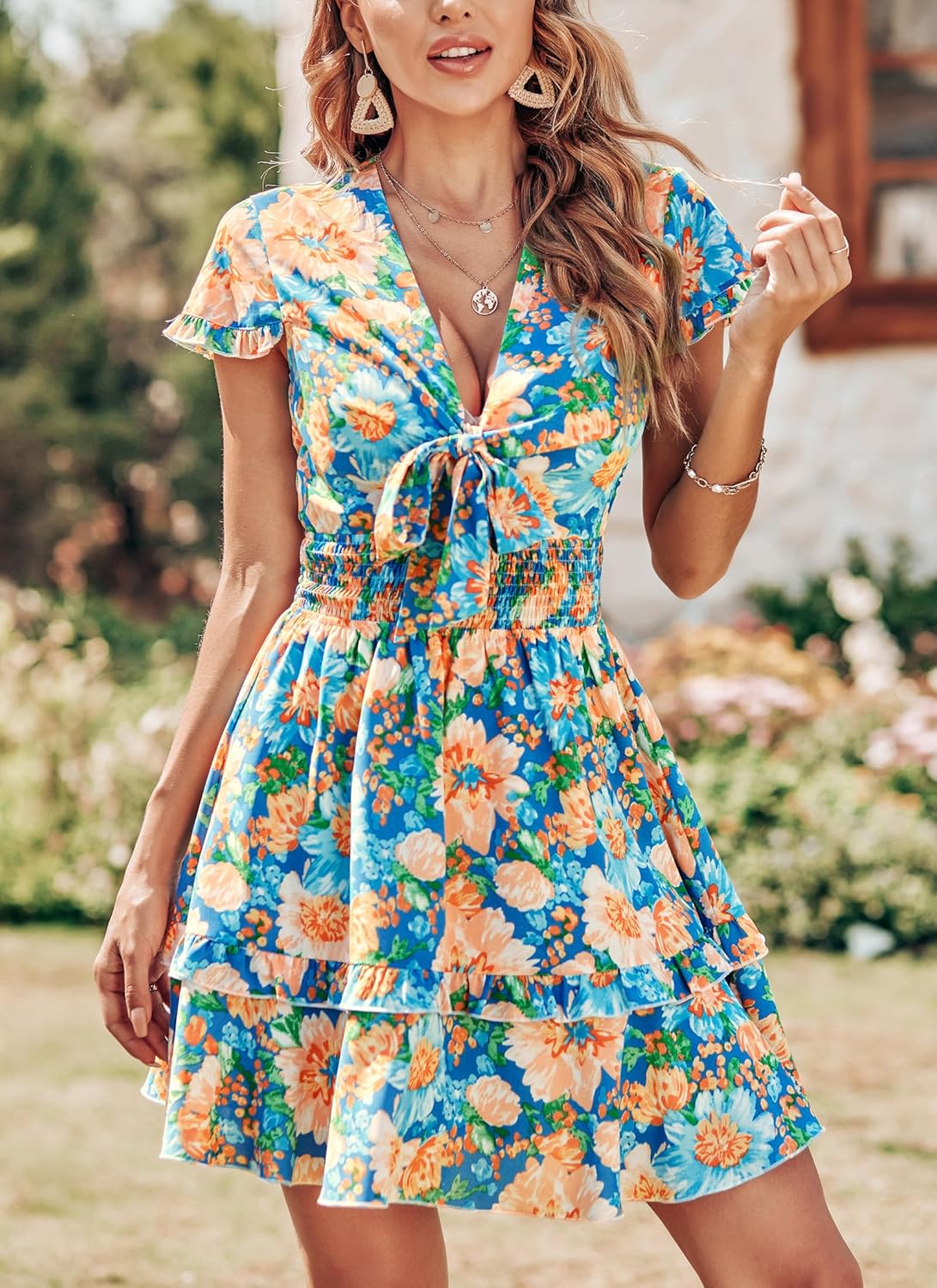 PRETTYGARDEN 2025 Casual Beach Dress – Short Sleeve V-Neck Tiered Mini Dress