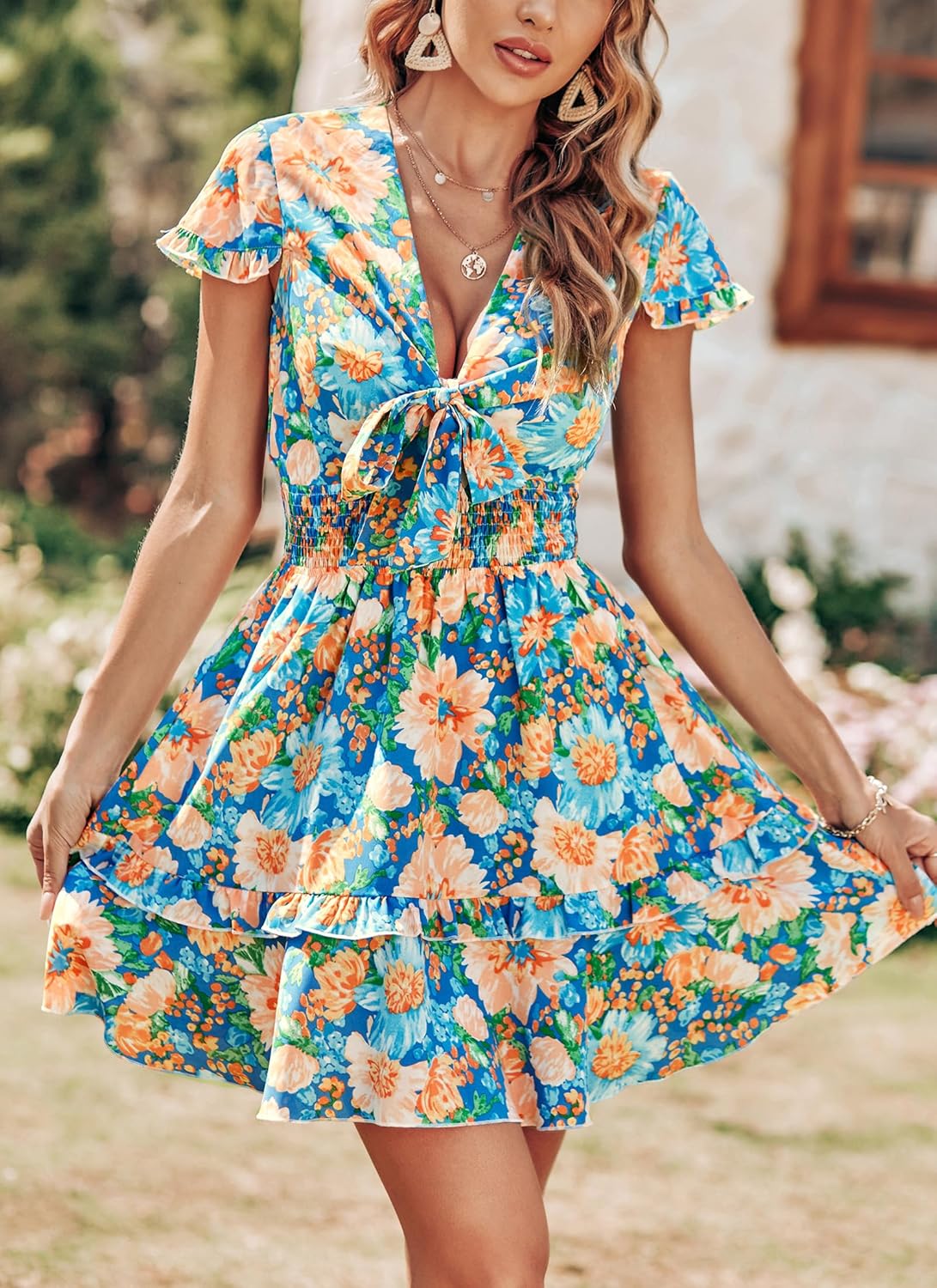PRETTYGARDEN 2025 Casual Beach Dress – Short Sleeve V-Neck Tiered Mini Dress