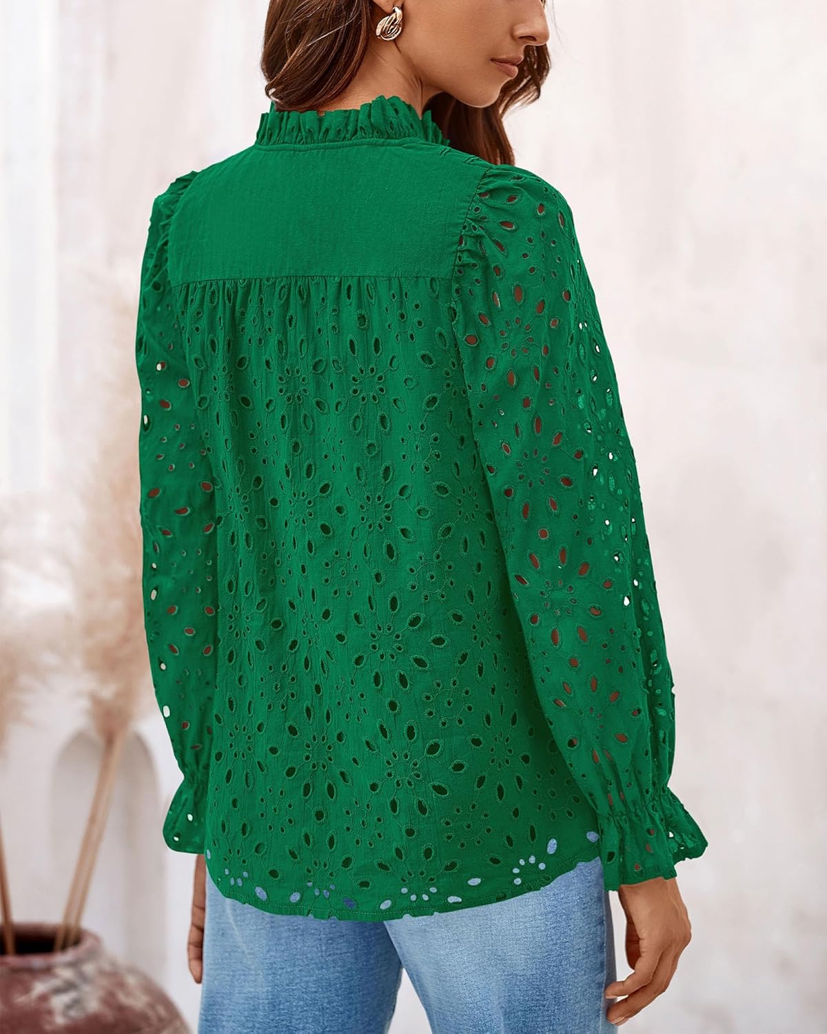 PRETTYGARDEN Casual Lace Blouse – Long Sleeve V-Neck Button-Up Shirt