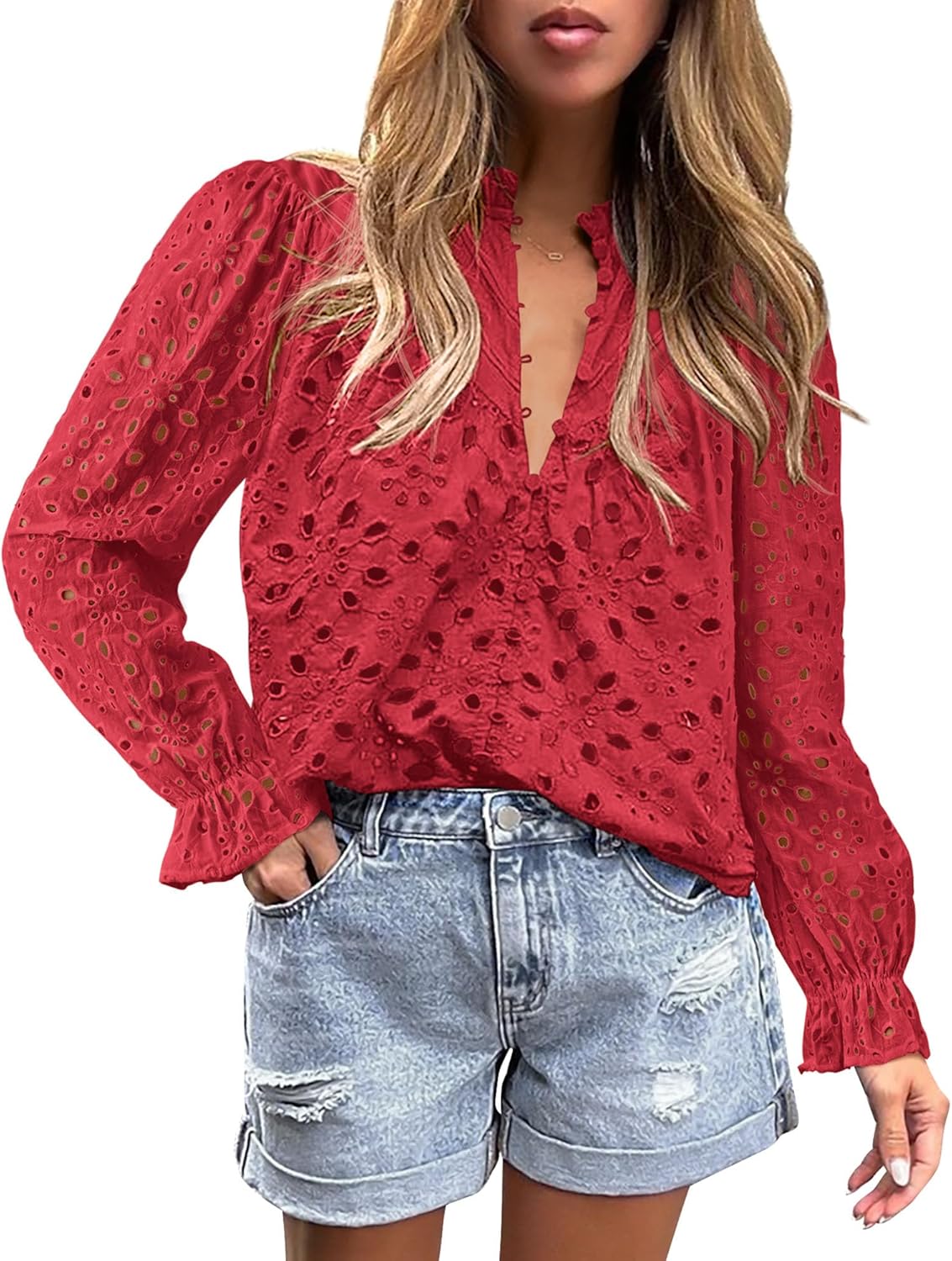 PRETTYGARDEN Casual Lace Blouse – Long Sleeve V-Neck Button-Up Shirt