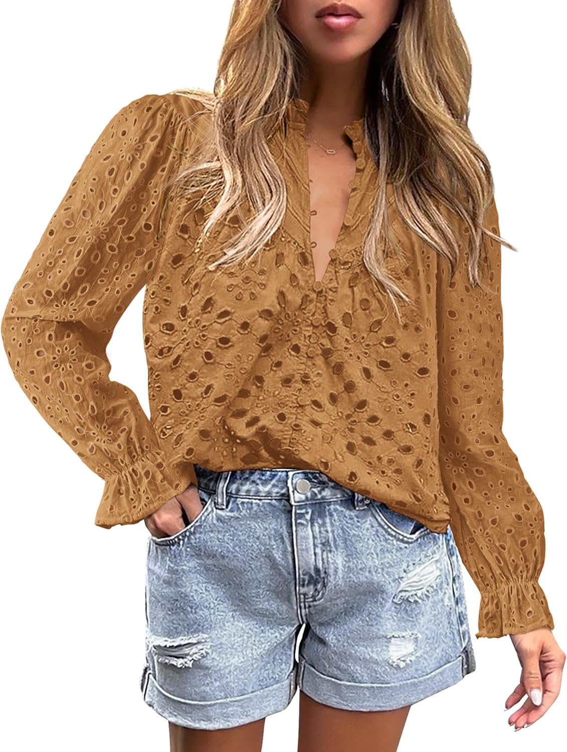PRETTYGARDEN Casual Lace Blouse – Long Sleeve V-Neck Button-Up Shirt