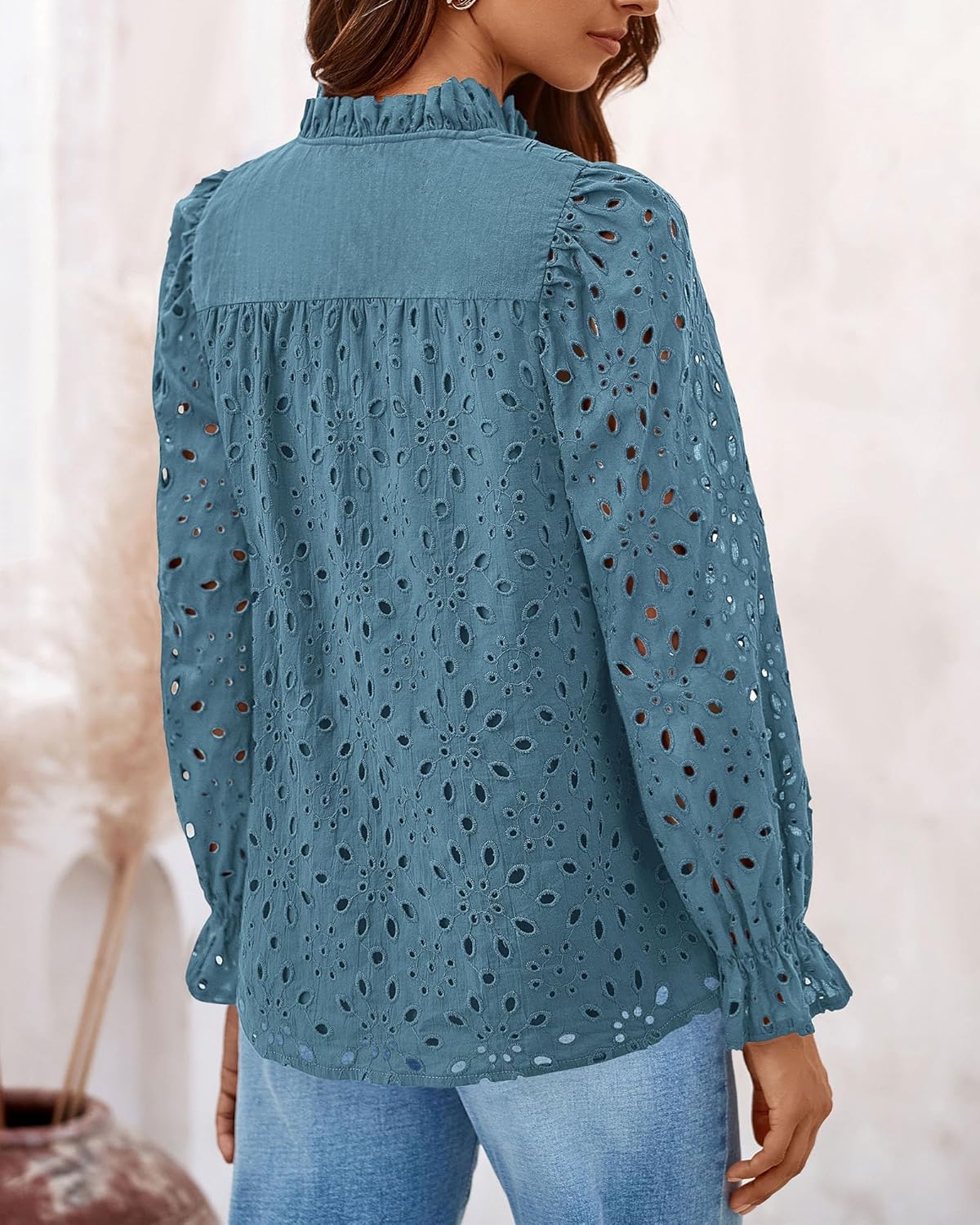 PRETTYGARDEN Casual Lace Blouse – Long Sleeve V-Neck Button-Up Shirt