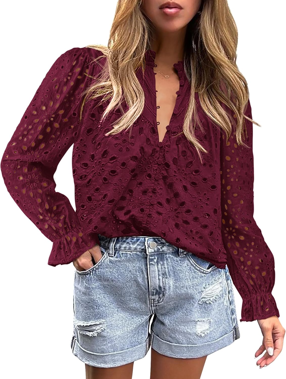 PRETTYGARDEN Casual Lace Blouse – Long Sleeve V-Neck Button-Up Shirt