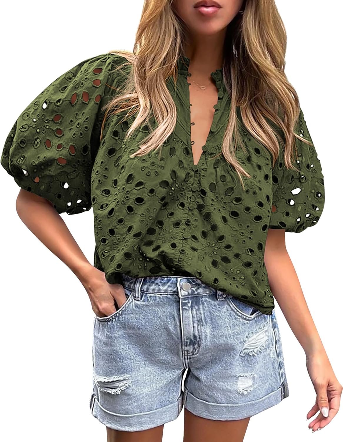 PRETTYGARDEN Casual Lace Top – V-Neck Short Sleeve Embroidered Blouse