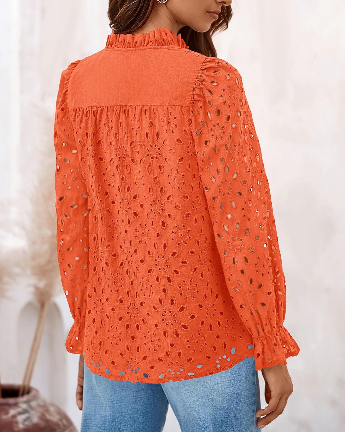PRETTYGARDEN Casual Lace Blouse – Long Sleeve V-Neck Button-Up Shirt