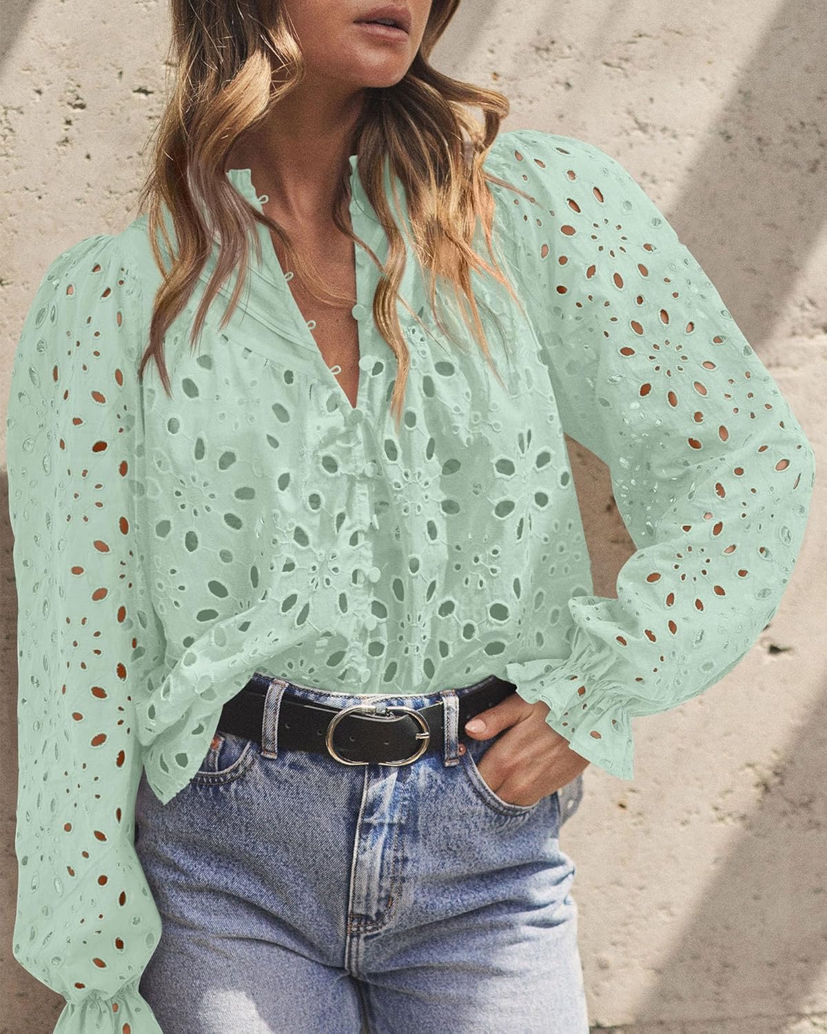PRETTYGARDEN Casual Lace Blouse – Long Sleeve V-Neck Button-Up Shirt