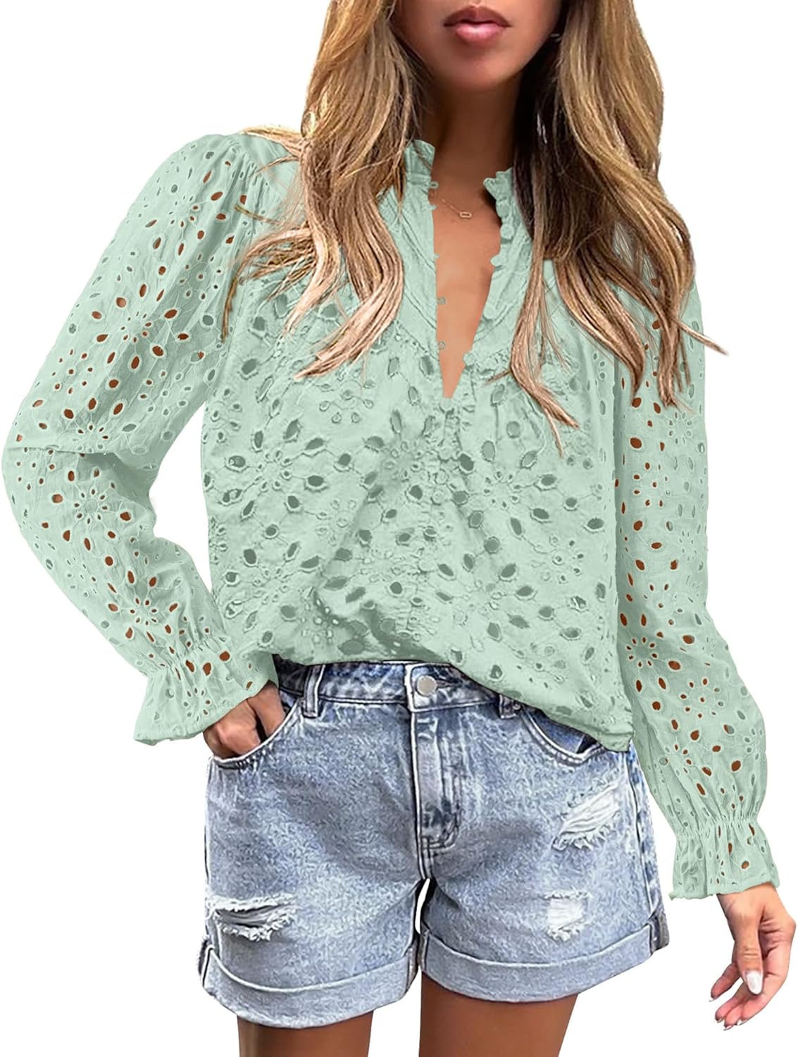 PRETTYGARDEN Casual Lace Blouse – Long Sleeve V-Neck Button-Up Shirt
