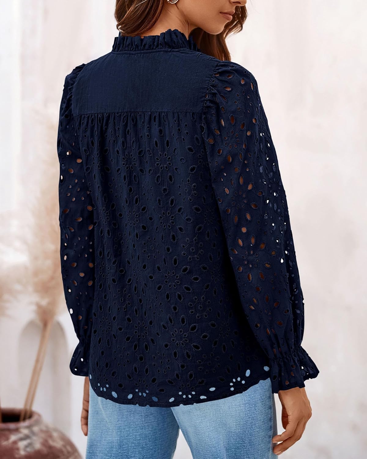 PRETTYGARDEN Casual Lace Blouse – Long Sleeve V-Neck Button-Up Shirt