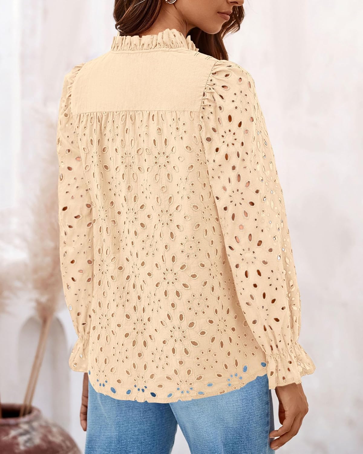 PRETTYGARDEN Casual Lace Blouse – Long Sleeve V-Neck Button-Up Shirt