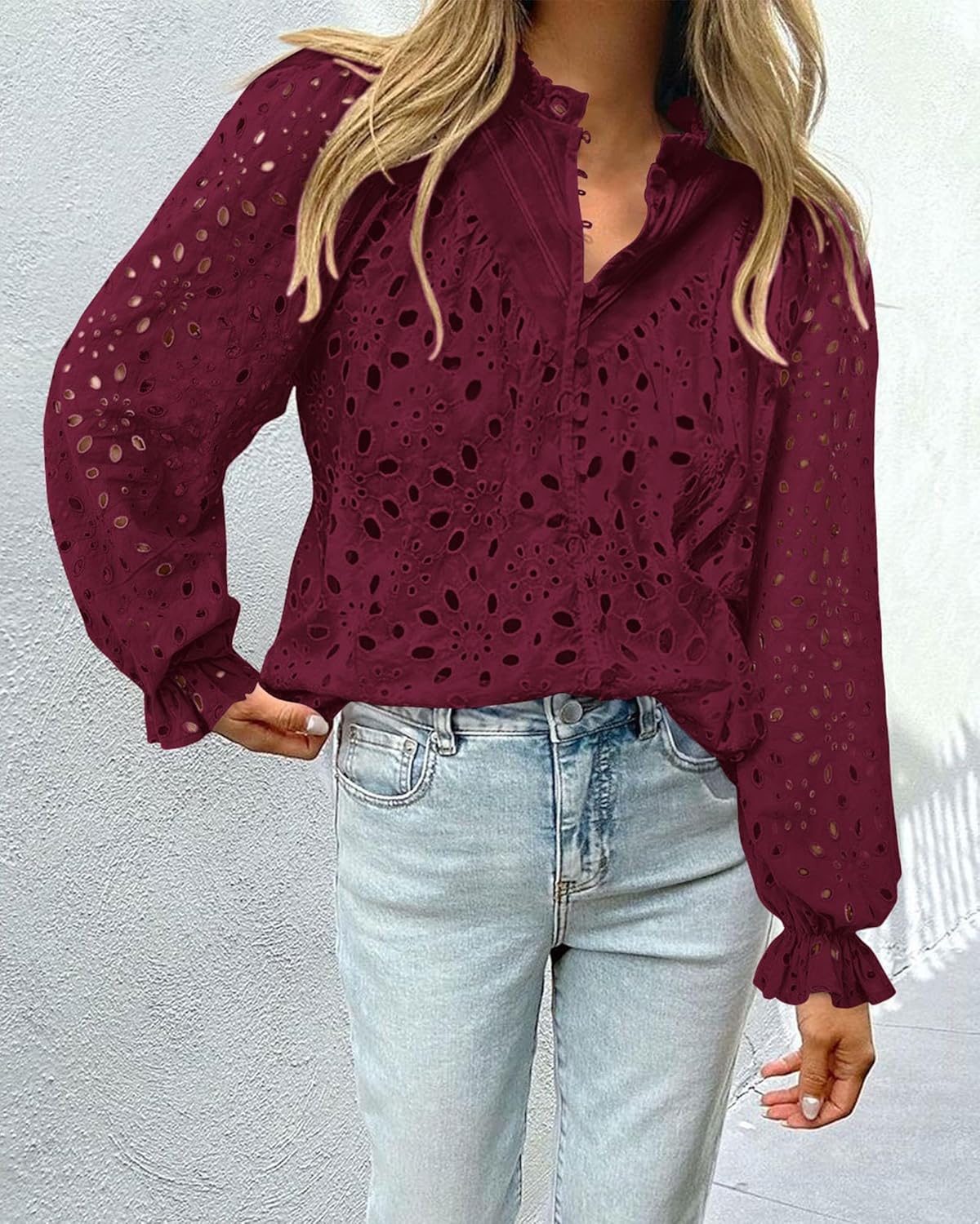 PRETTYGARDEN Casual Lace Blouse – Long Sleeve V-Neck Button-Up Shirt