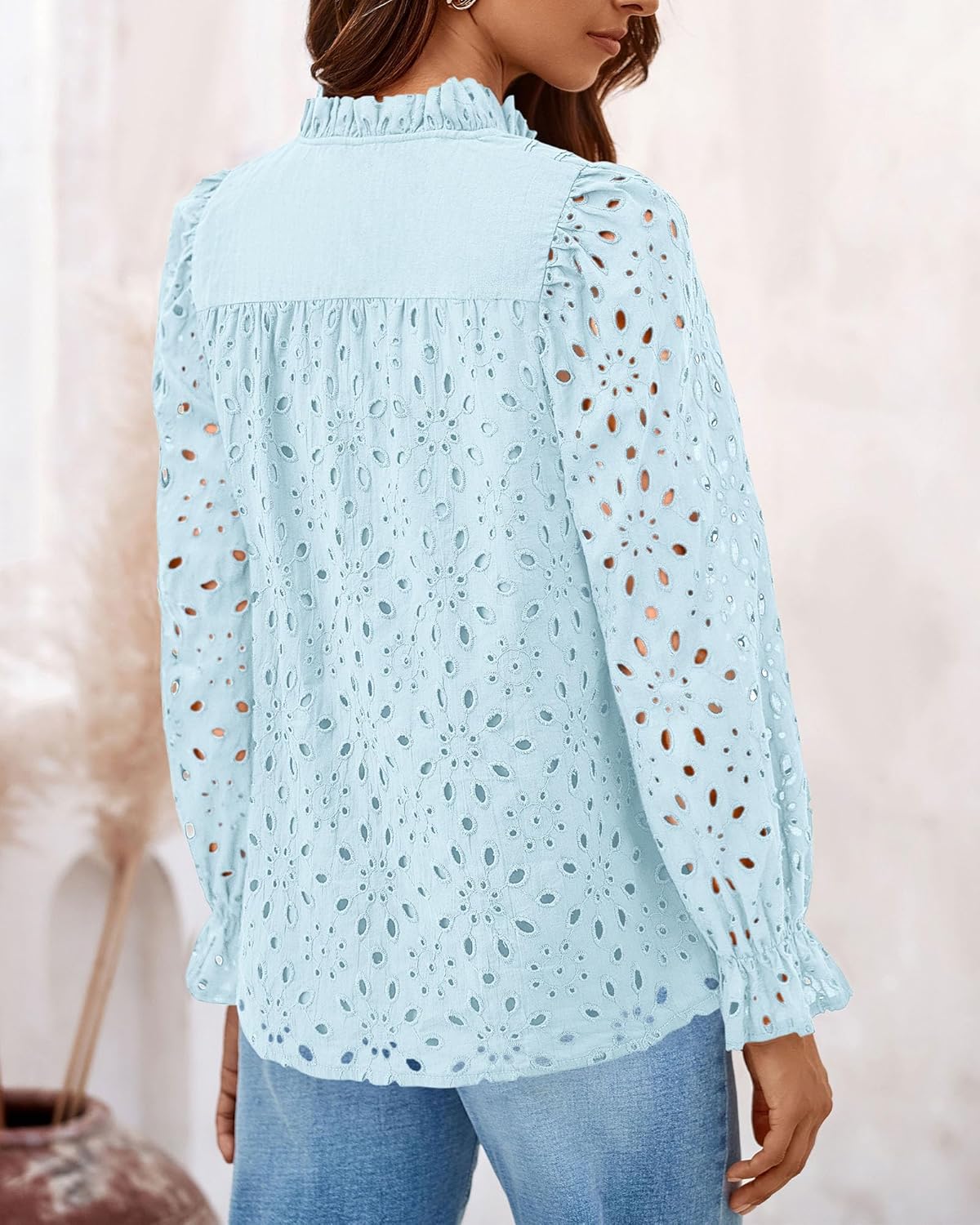 PRETTYGARDEN Casual Lace Blouse – Long Sleeve V-Neck Button-Up Shirt