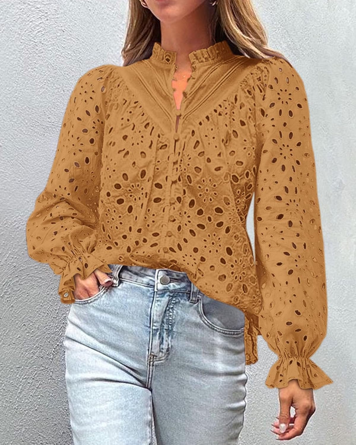 PRETTYGARDEN Casual Lace Blouse – Long Sleeve V-Neck Button-Up Shirt