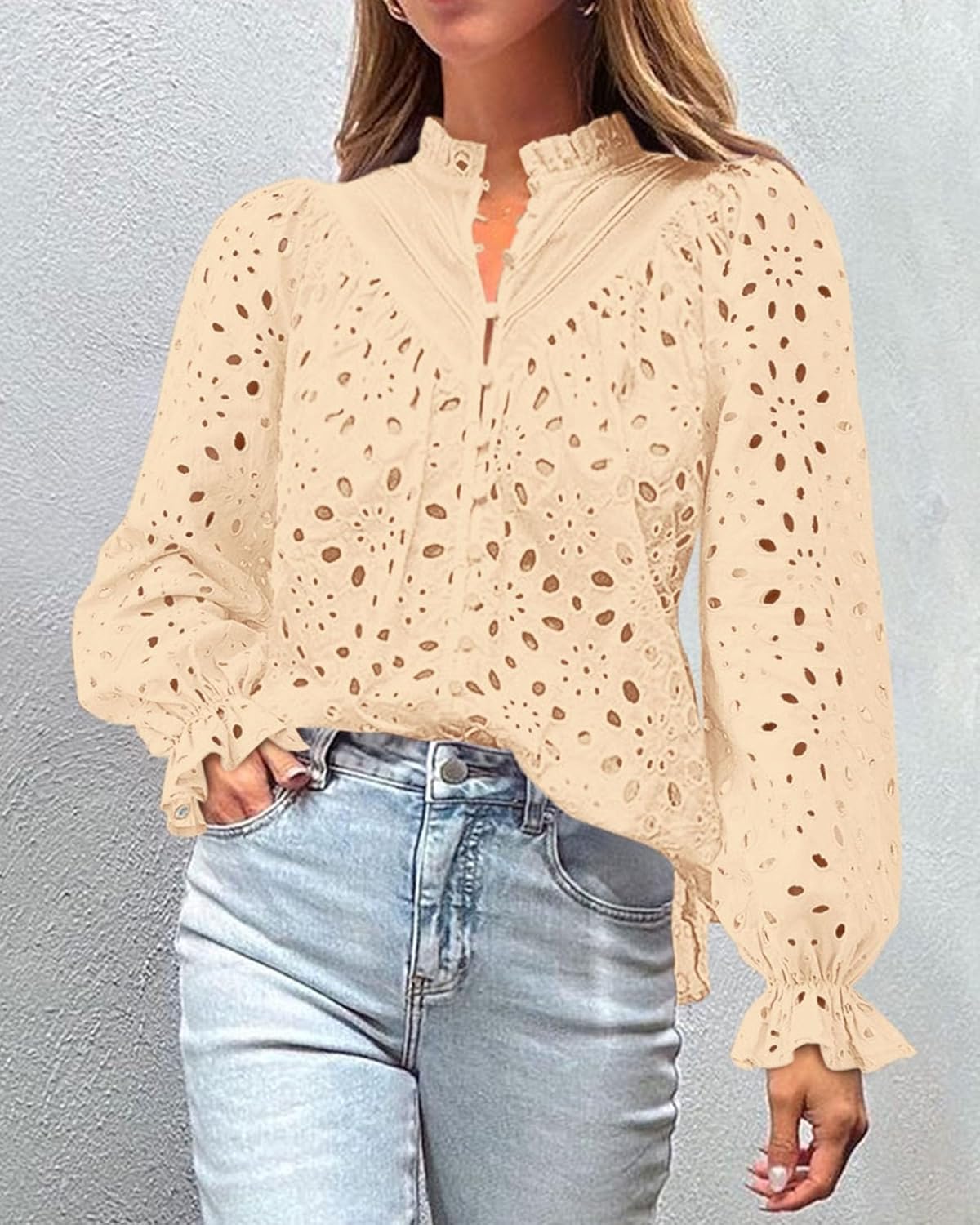 PRETTYGARDEN Casual Lace Blouse – Long Sleeve V-Neck Button-Up Shirt