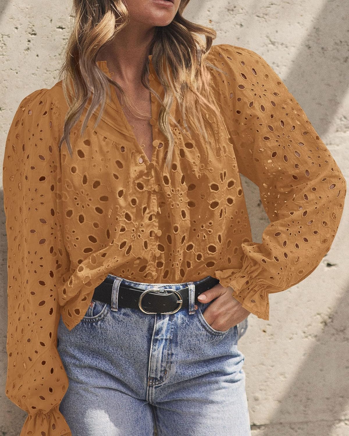 PRETTYGARDEN Casual Lace Blouse – Long Sleeve V-Neck Button-Up Shirt