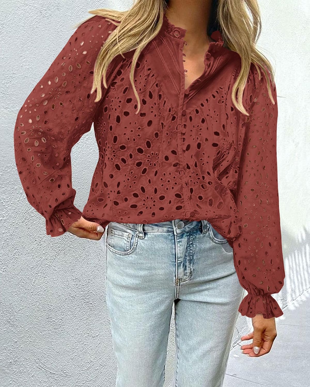 PRETTYGARDEN Casual Lace Blouse – Long Sleeve V-Neck Button-Up Shirt