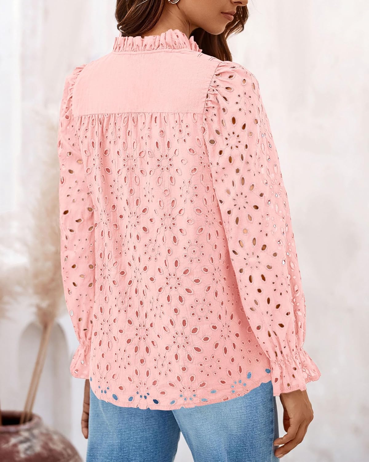 PRETTYGARDEN Casual Lace Blouse – Long Sleeve V-Neck Button-Up Shirt