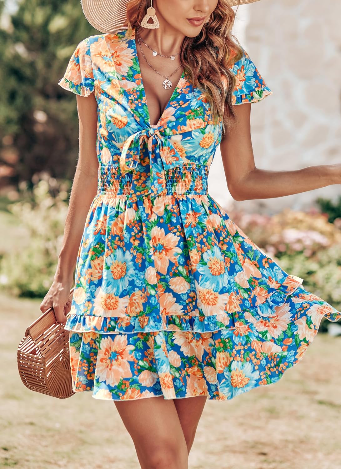 PRETTYGARDEN 2025 Casual Beach Dress – Short Sleeve V-Neck Tiered Mini Dress