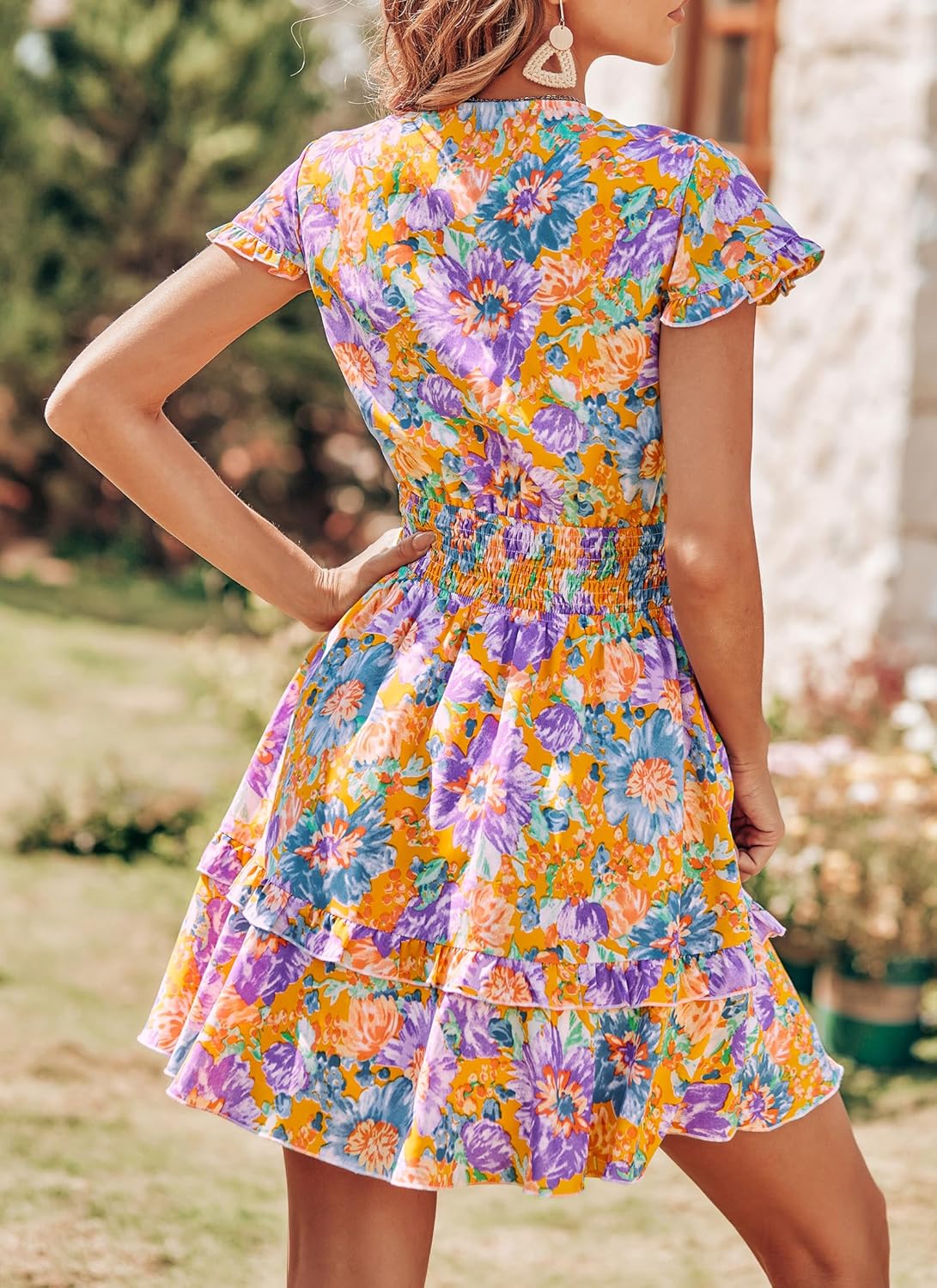 PRETTYGARDEN 2025 Casual Beach Dress – Short Sleeve V-Neck Tiered Mini Dress