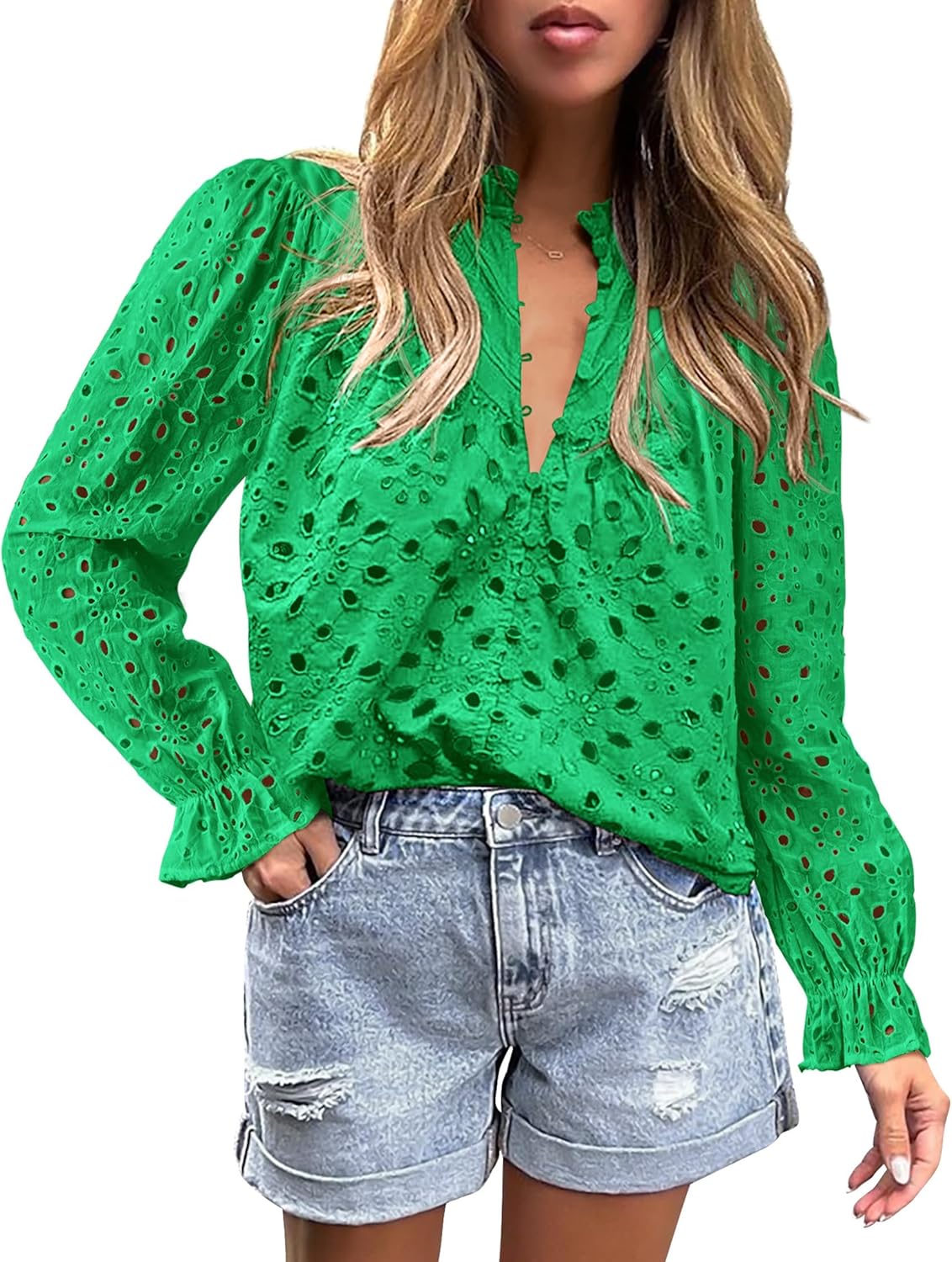 PRETTYGARDEN Casual Lace Blouse – Long Sleeve V-Neck Button-Up Shirt