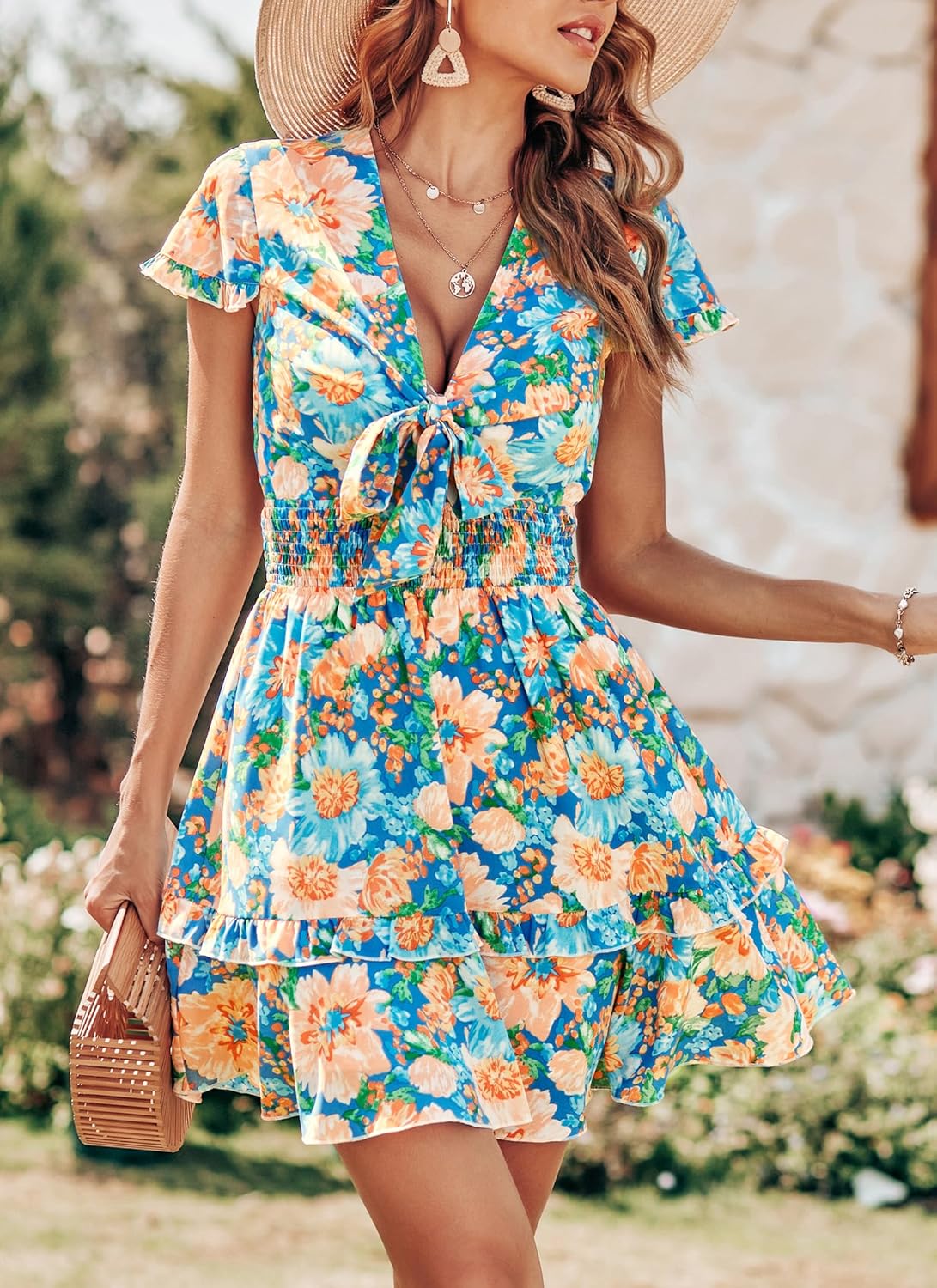 PRETTYGARDEN 2025 Casual Beach Dress – Short Sleeve V-Neck Tiered Mini Dress