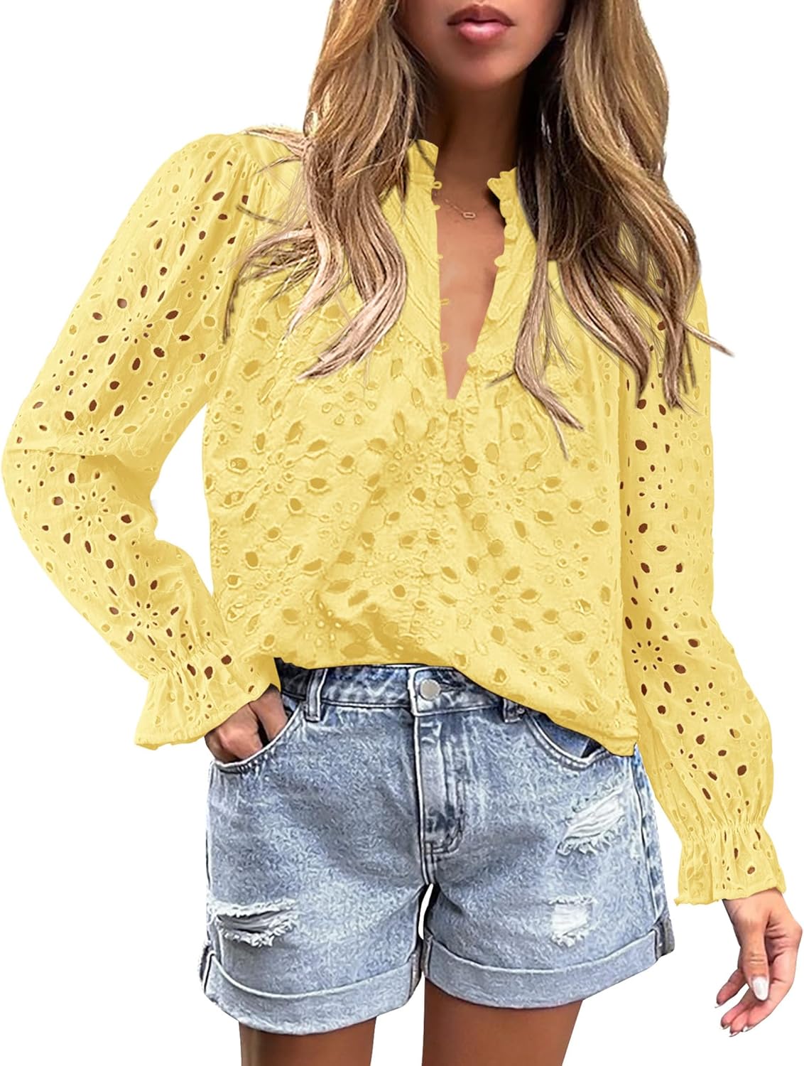 PRETTYGARDEN Casual Lace Blouse – Long Sleeve V-Neck Button-Up Shirt