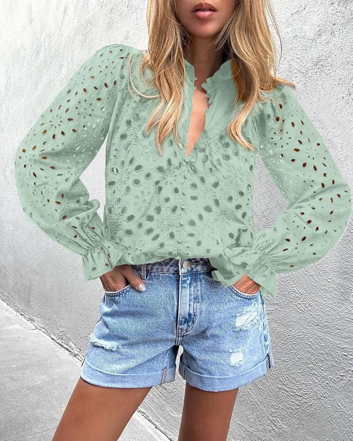 PRETTYGARDEN Casual Lace Blouse – Long Sleeve V-Neck Button-Up Shirt