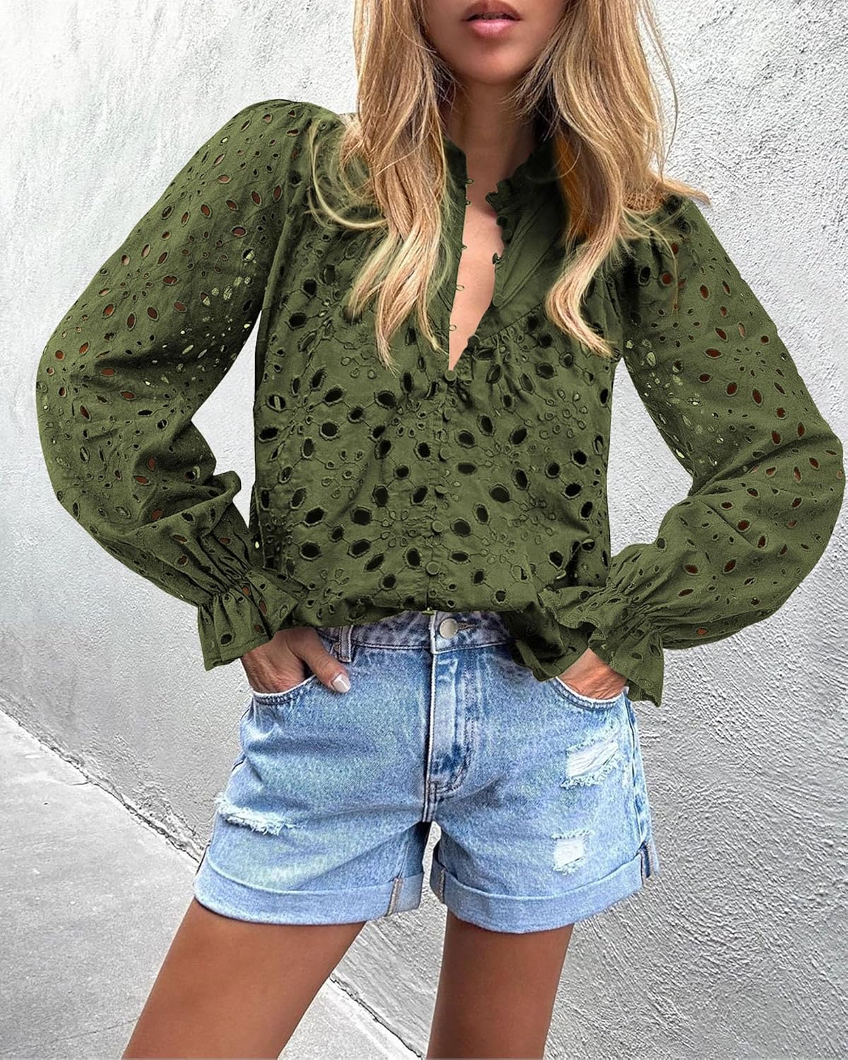 PRETTYGARDEN Casual Lace Blouse – Long Sleeve V-Neck Button-Up Shirt