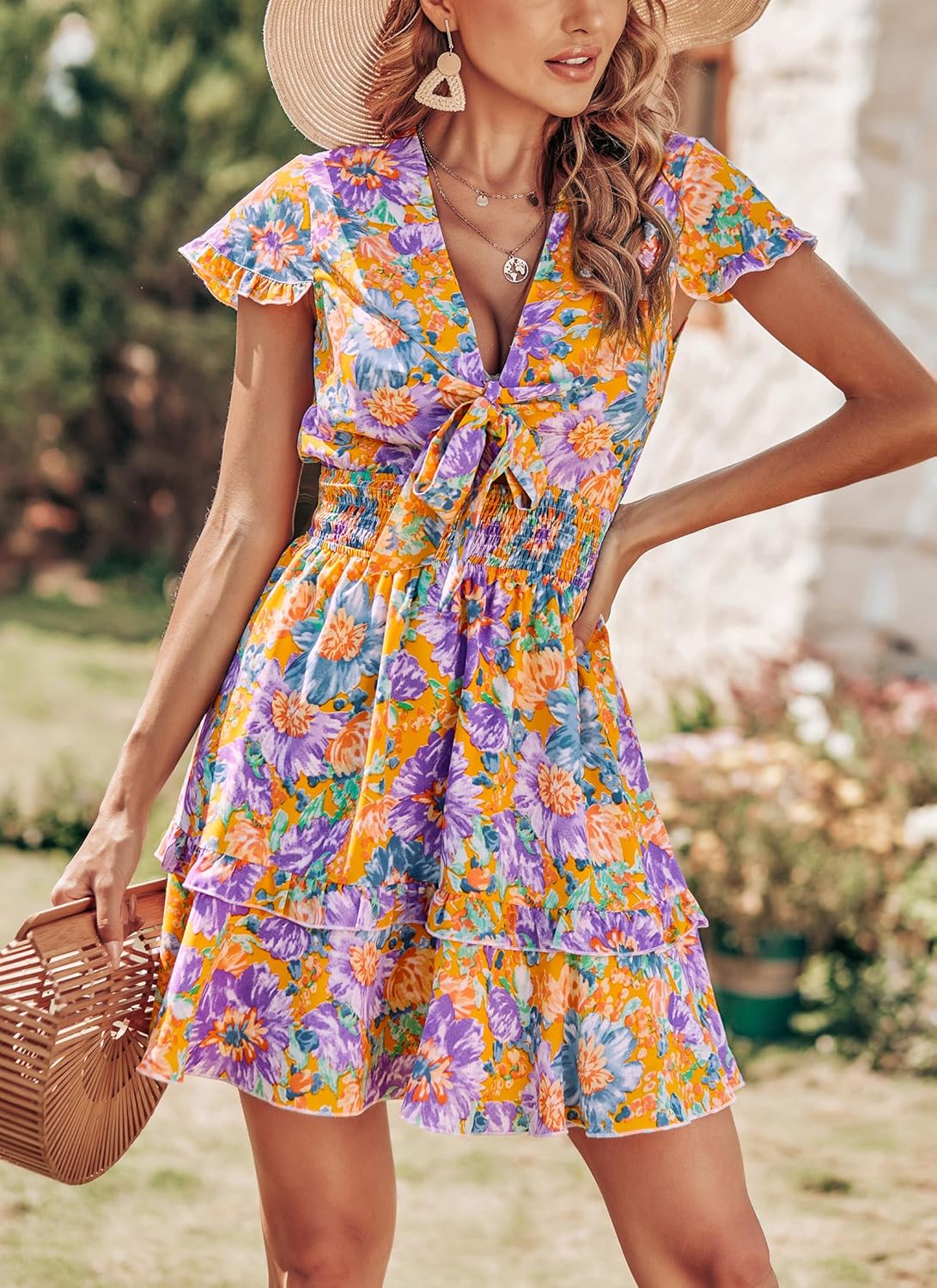 PRETTYGARDEN 2025 Casual Beach Dress – Short Sleeve V-Neck Tiered Mini Dress