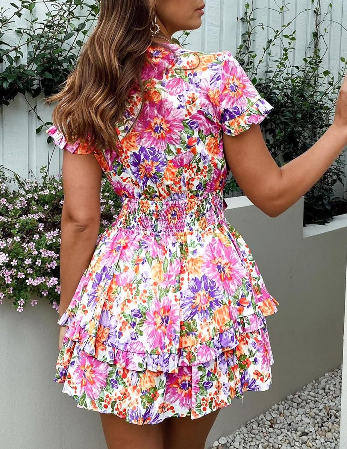 PRETTYGARDEN 2025 Casual Beach Dress – Short Sleeve V-Neck Tiered Mini Dress