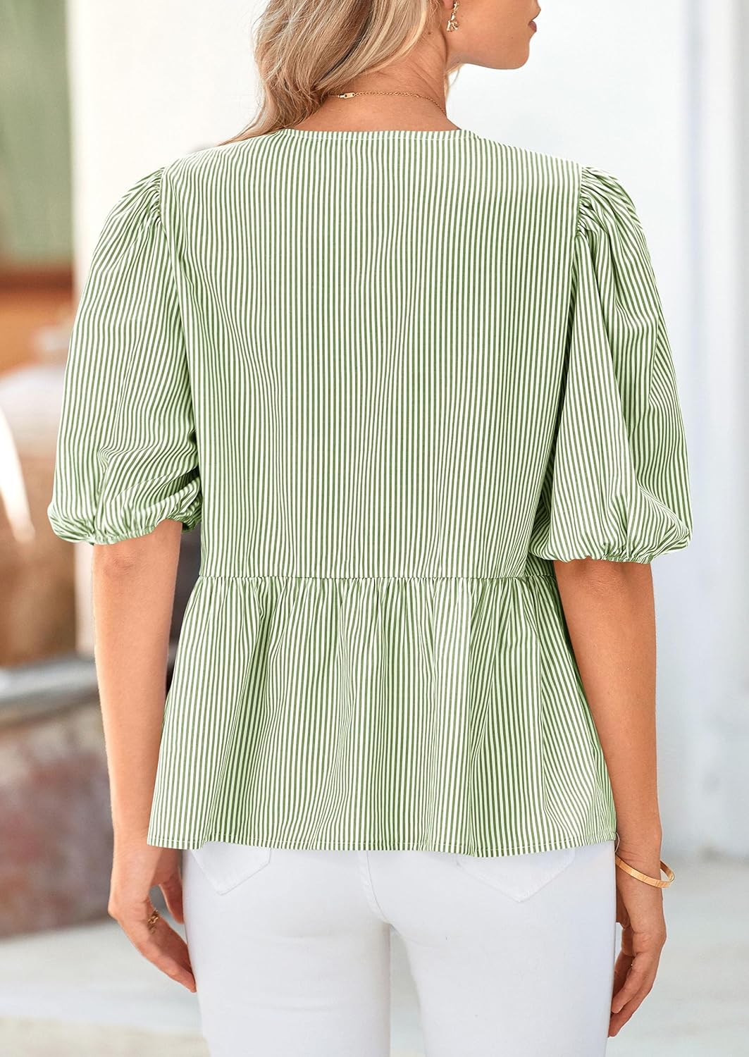 PRETTYGARDEN Tie Front Blouse – Striped Peplum Puff Sleeve Top