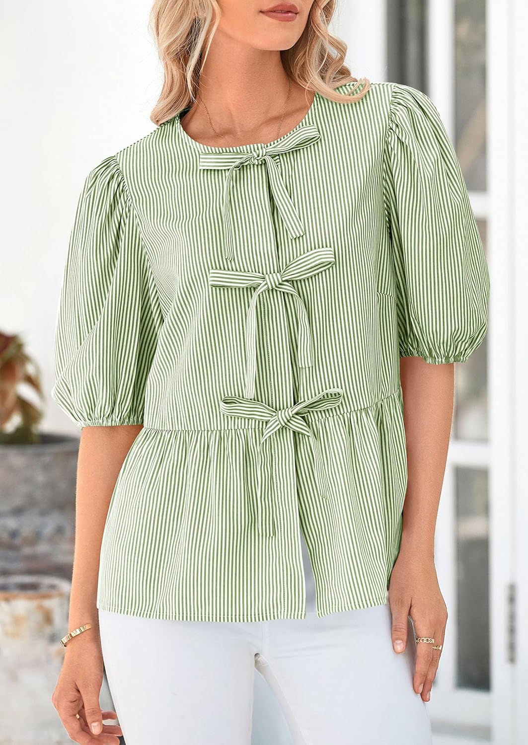 PRETTYGARDEN Tie Front Blouse – Striped Peplum Puff Sleeve Top