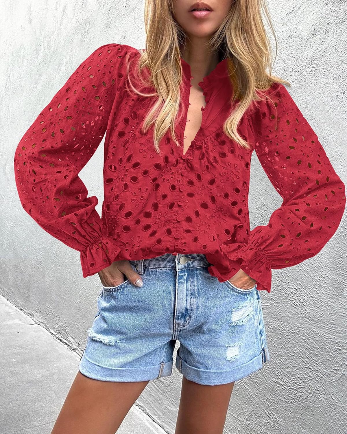 PRETTYGARDEN Casual Lace Blouse – Long Sleeve V-Neck Button-Up Shirt