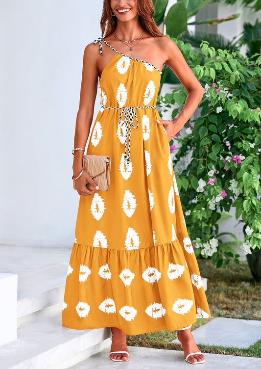 PRETTYGARDEN A-Line Maxi Dress – One Shoulder Boho Flowy Sundress