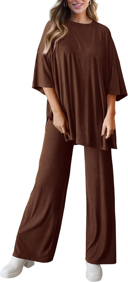 PRETTYGARDEN 2-Piece Lounge Set – Short Sleeve Top & Wide Leg Pants