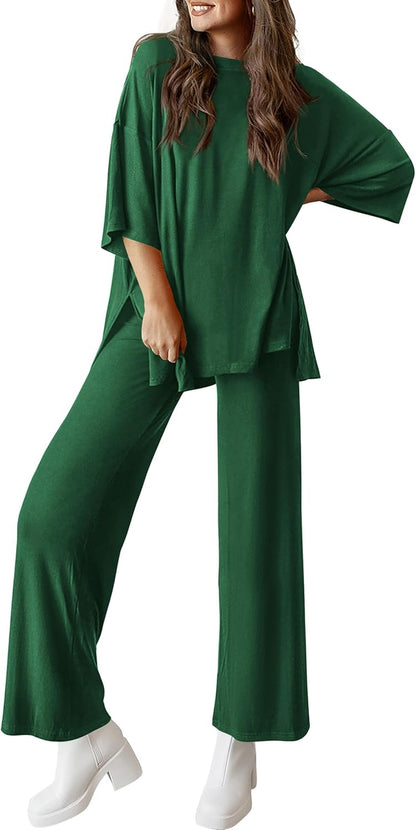 PRETTYGARDEN 2-Piece Lounge Set – Short Sleeve Top & Wide Leg Pants