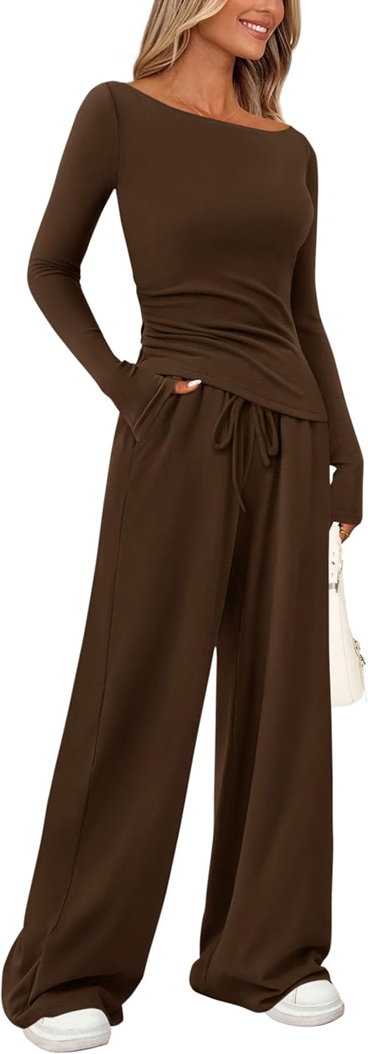 PRETTYGARDEN Women's 2-Piece Set – Asymmetrical Long Sleeve Shirt & Wide-Leg Pants