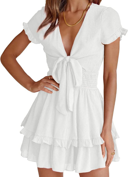PRETTYGARDEN 2025 Casual Beach Dress – Short Sleeve V-Neck Tiered Mini Dress