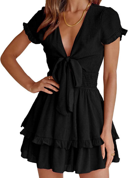 PRETTYGARDEN 2025 Casual Beach Dress – Short Sleeve V-Neck Tiered Mini Dress